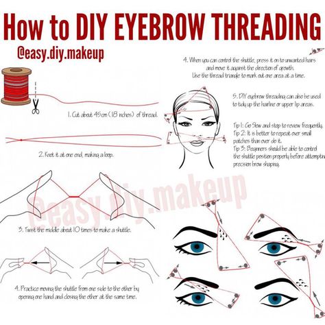 Eyebrow threading How To Thread Eyebrows, Thread Eyebrows, Eyebrow Regrowth, Eyebrows Step By Step, Eyebrow Shaping Waxing, Easy Diy Makeup, How To Thread, Brow Threading, Eyebrow Stamp