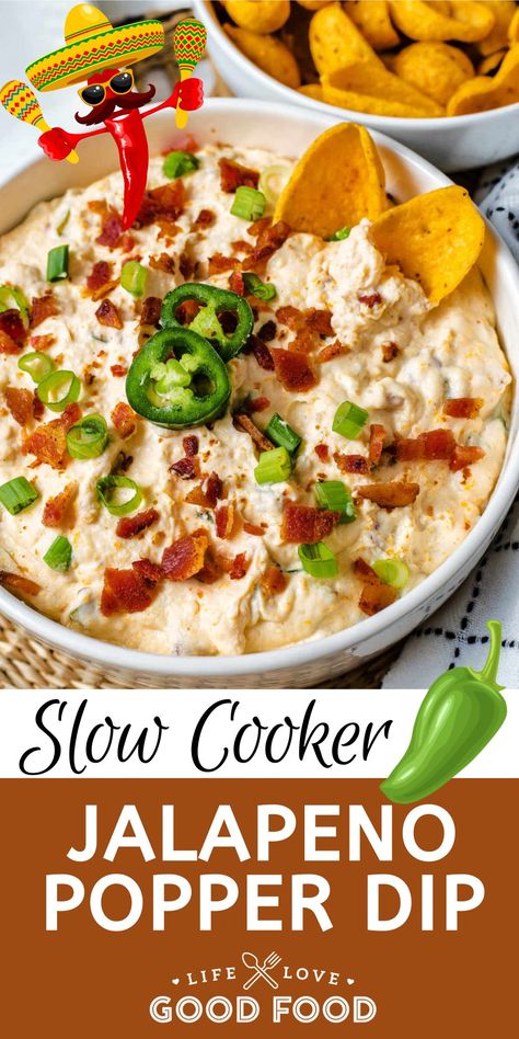 Jalapeño Popper Dip is oh-so-creamy and cheesy, with crispy bacon pieces, and a subtle kick of heat! Make it easily in the slow cooker, then just add chips and serve for the big game! #slowcookingmonth Jalapeno Popper Dip Slow Cooker, Pioneer Woman Jalapeño Popper Dip, Appetizer Dip Recipes Crockpot, Crockpot Appetizers Dips, Crock Pot Tailgate Food, Jelopenio Popper Dip, Bacon Jalapeño Popper Dip, Chicken Dip Crockpot Recipes, Jalepeno Popper Dip Slow Cooker