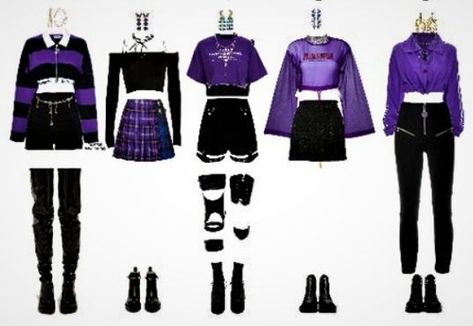 Purple Kpop Outfits Stage, Black And Purple Concert Outfit, Purple Anime Outfits, Stage Outfits Kpop Ideas Cute, Stage Outfits Purple, Idol Clothes Outfit, Kpop Stage Outfits 5 Members, Purple Stage Outfits, Kpop Stage Outfits Ideas 5 Members