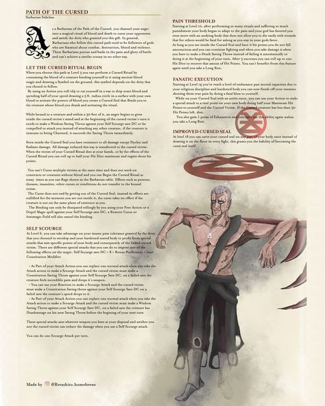 DnD 5e barbarian homebrew subclass i made! heavily inspired on Hidan from Naruto Shippuden Naruto Dnd 5e, Dnd Naruto, 5e Barbarian, Dnd Subclasses, Homebrew Classes, Barbarian Dnd, Dnd 5, Dnd Homebrew, D D Classes