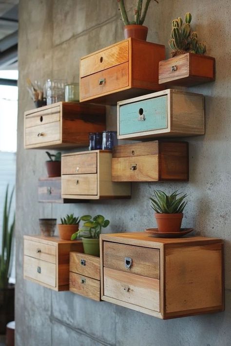 "Transform unused drawers into chic and practical DIY Upcycled Drawer Shelves! 🛠️📚 Perfect for displaying books, plants, and decor in a unique way. 🌟✨ #Upcycling #DIYDecor #DrawerCrafts" Projects With Drawers, Upcycle Shelves, Diy Organizers, Upcycled Shelves, Drawer Shelves Diy, Upcycled Cabinet, Upcycling Design, Diy Drawers, Art And Craft Videos