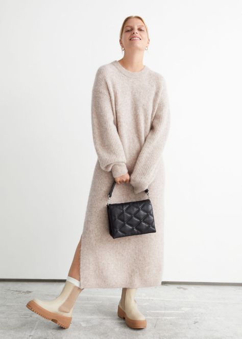 Oversized Knitted Midi Dress - Mole - Knitted dresses - & Other Stories US Long Knit Dress Outfit, Vinter Mode Outfits, White Jeans Winter, Winter Date Outfits, Winter Mode Outfits, Knitted Midi Dress, Turtleneck Midi Dress, Light Grey Sweater, Sweater Dress Oversized