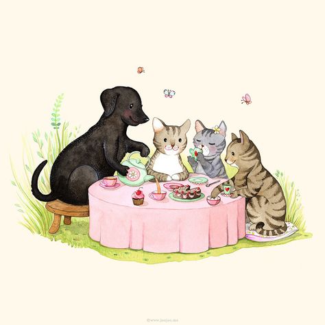 A special commission by Afsaneh Tajvidi Cat Tea Party Illustration, Tea Party Drawing, Party Drawing, Cat Tea Party, Kindness To Animals, Fav Animal, Anita Jeram, Lovely Illustrations, Ghibli Artwork