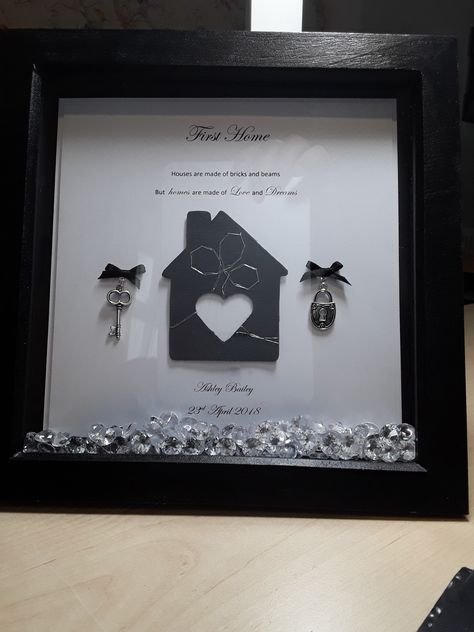 FIRST HOME box frame created by Susan Hawken Frame Box Ideas, Shadowbox Ideas, Realtor Ideas, Frame Inspiration, Flower Shadow, Shadow Frame, Craft Board, Flower Shadow Box, New Home Cards