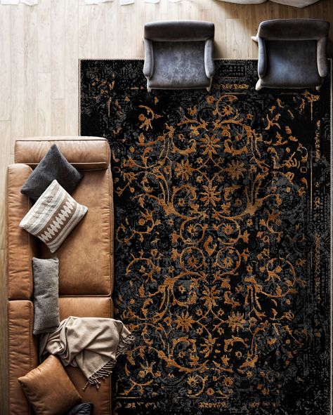 Elevate your home decor with our exquisite Anatolian Rug, a perfect blend of tradition and modern elegance. Handcrafted by skilled artisans, this Oriental rug boasts intricate designs and vibrant patterns that reflect the rich cultural heritage of Anatolia. Key Features ✨ Each rug in our collection is unique and one-of-a-kind, carefully crafted to bring a distinctive touch to your home decor. Embrace the individuality of our designs and discover a rug that truly resonates with your style and spa Gothic Living Room Rug, Black White And Gold Living Room Area Rugs, Modern Goth Apartment, Brown And Black Rug, Dark Academia Rug Aesthetic, Black And Brown Rug, Dark Academia Rugs, Dark Home Decor Modern, Gothic Minimalist Decor