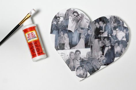 You can make your photo crafts last longer by painting them with Mod Podge Diy Canvas Photo Mod Podge, Mod Podge Crafts Pictures, Mod Podge Pictures On Wood, Modge Podge On Wood, Heart Photo Walls, Mod Podge Pictures, Easy Diy Wall Art, Make A Photo Collage, Diy Mod Podge