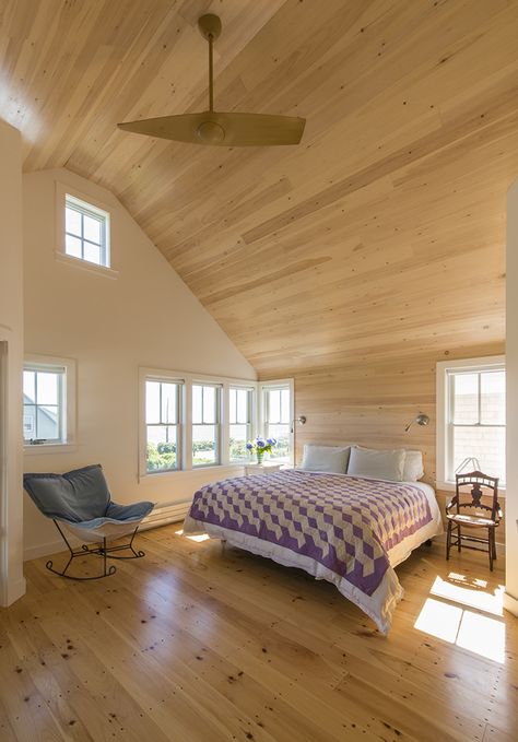 master bedroom, fan, wood ceilings, corner windows, knotty pine flooring Knotty Pine Decor, Dormer Addition, Pine Decor, Pine Ceiling, Cheap Hardwood Floors, Knotty Pine Walls, Corner Windows, Cottage Kitchen Cabinets, Bedroom Fan