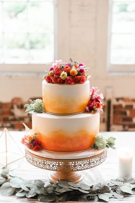 Sunset Cake, Cake Fall, Orange Wedding Cake, Cake Rustic, Factory Wedding, Two Tier Cake, Cake Aesthetic, Deep River, Watercolor Cake