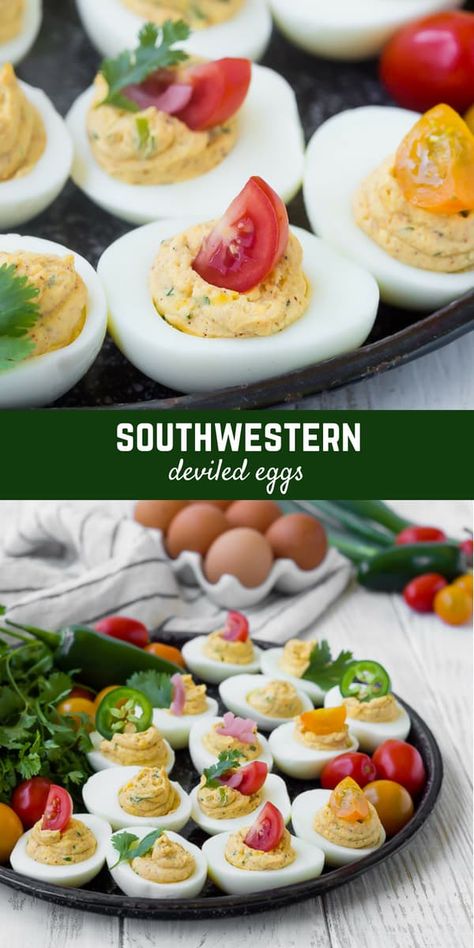 Full of flavor, these southwest deviled eggs are a fun twist on a favorite. Another bonus: You can have so much fun with toppings! Southwestern Deviled Eggs, Party Deviled Eggs, Perfect Deviled Eggs, Devilled Eggs Recipe Best, Deviled Eggs Easy, Delicious Appetizer Recipes, Best Appetizer Recipes, Deviled Eggs Recipe, Eggs Recipe