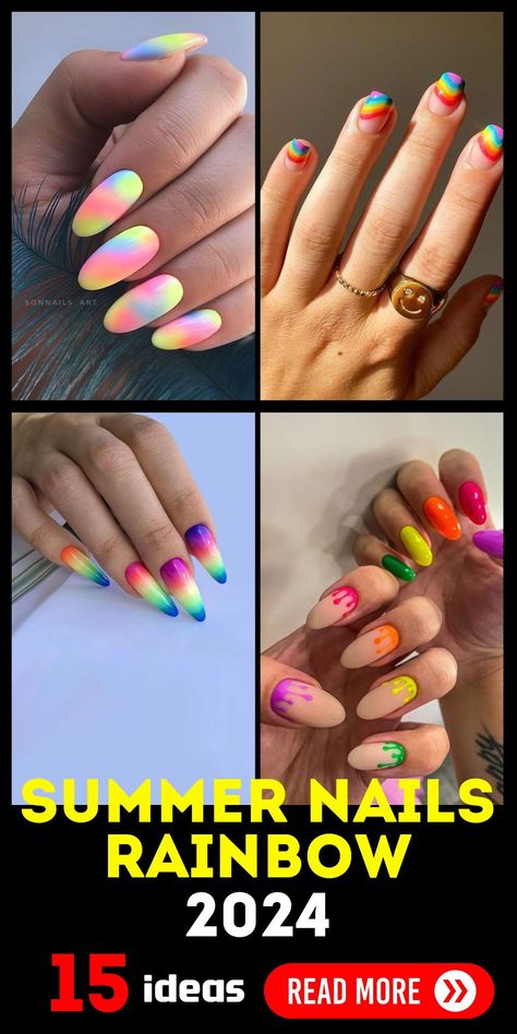 If you're looking for summer nail inspiration, the rainbow nails trend for 2024 has you covered. With a mix of pastel and neon shades, you can create playful and bright designs that are perfect for the season. Try out short acrylic nails with ombre or cat eye effects to make your nails stand out. Summer Nails Rainbow, Nails With Ombre, Square Acrylics, Vibrant Summer Nails, Summer Nail Inspiration, Nails Rainbow, Rainbow Nail, Short Acrylics, Summer Gel Nails