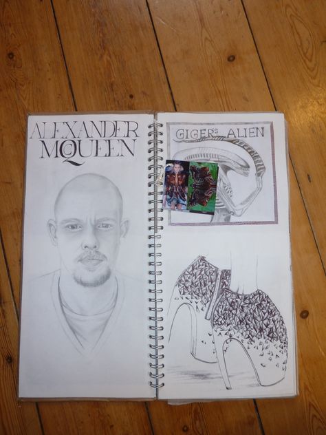 Alexander McQueen Sketchbook Page Alexander Mcqueen Sketchbook, Alexander Mcqueen Artist Research Page, A Level Sketchbook, Artist Research Page, Gcse Sketchbook, Textiles Gcse, Artist Research, Art Homework, Gcse Textiles