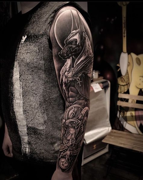 Anubis Tattoo Sleeve Arm, Anubis Tattoo With Scale, Ancient Egypt Tattoo Sleeve, Egyptian Tattoo Sleeve Men Arm, Anubis Sleeve Tattoo, Amun Ra Tattoo, Anubis Tattoo Men Ideas, Egyptian Tattoo Designs Men, Egyptian Sleeve Tattoo