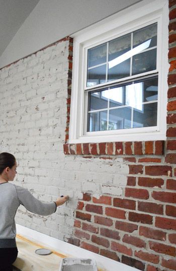 How To Paint A Brick Wall And Unify A Choppy Room | Young House Love Ranch House Remodel Before And After, Painted Brick Wall, Painted Brick Exteriors, Ranch House Remodel, Painted Brick Walls, Interior Brick, Brick Interior Wall, Painted Brick House, Brick Interior