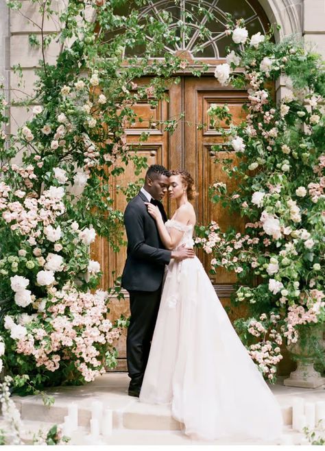 Garden Wedding Ceremony Arch, European Garden Wedding, Vintage Door Wedding Altar, Floral Ground Alter, Deconstructed Floral Arch Wedding, Love On Film, Deconstructed Floral Arch, Wedding Floral Arch, White Grounded Floral Arch