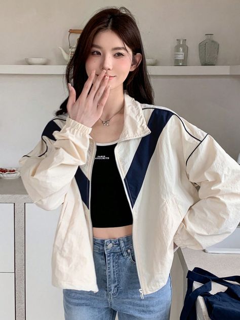 Women Colorblock Long Sleeve Loose Casual Windbreaker Jacket, Spring & Fall Apricot Casual  Long Sleeve Woven Fabric Colorblock Windbreaker Non-Stretch  Women Clothing, size features are:Bust: ,Length: ,Sleeve Length: Align Jacket, Windbreaker Outfit, Simple Casual Outfits, Print Jacket, Lightweight Jacket, Windbreaker Jacket, Outerwear Women, Scarf Print, Colorful Leggings