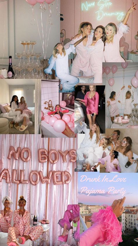 Bachelorette Party Pyjama, Bachelorette Pajamas Party, Bach Pajama Party, Pink Bachelorette Party Aesthetic, Posh Bachelorette Party, Hen Do Pj Party, Hen Party Sleepover, Bridal Shower Ideas Pink And White, Bachelorette Pjs And Prosecco