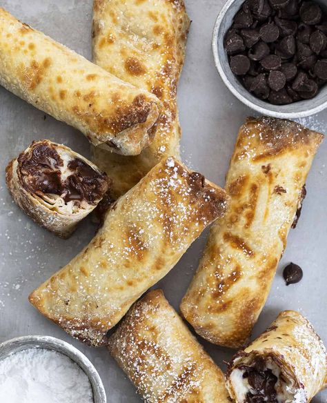 Chocolate Chip Cheescake Egg Rolls Egg Roll Ingredients, Chocolate Chip Cheesecake Bars, Egg Roll Filling, Apple Bundt Cake, No Egg Desserts, Walnut Fudge, I Am Baker, Chocolate Chip Cheesecake, Cream Cheese Eggs