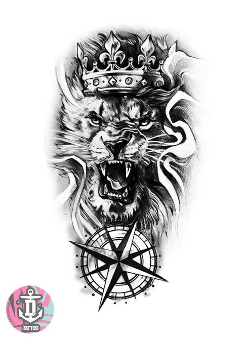 Lion Compass Tattoo, Mauri Tattoo Designs, Flower Cover Up Tattoos, Diamond Tattoo Designs, Lion Art Tattoo, Gladiator Tattoo, Family Tattoo Designs, Funky Tattoos, Lion Head Tattoos