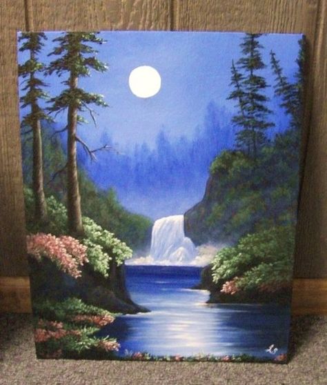 Simple Oil Painting, Bob Ross Paintings, Waterfall Paintings, Canvas For Beginners, Forest Art, Nature Art Painting, Night Painting, Beginner Painting, Oil Painting Landscape