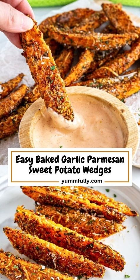 Give sweet potato wedges a makeover with this Baked Garlic Parmesan Sweet Potato recipe. Freshly grated parmesan cheese mixed with herbs and spices coats sweet potato wedges which are then baked to crispy perfection to make the ideal side dish or appetizer! Crispy Sweet Potato Wedges, Sweet Potatoes Recipes, Sweet Appetizers, Sweet Potato Dishes, Veggie Side Dish Recipes, Sweet Potato Recipe, Potato Wedges Baked, Crispy Sweet Potato, Easy Lunch Ideas