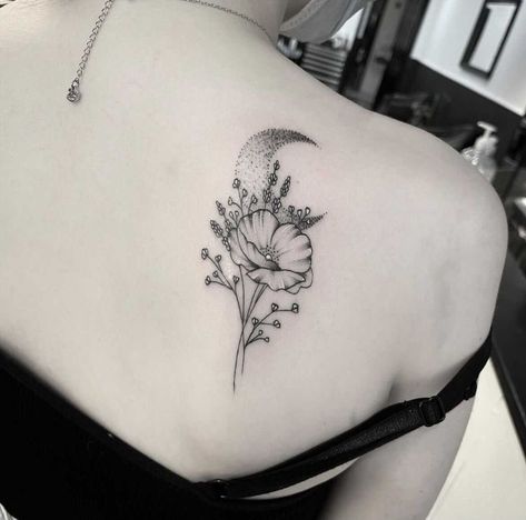 Cresent Moon Tattoo with a Wild Poppy Beneath It Moon Poppy Tattoo, Marigold And Moon Tattoo, Poppy Moon Tattoo, Poppy And Moon Tattoo, Moonflower Tattoo, August Flower Tattoo, Poppy Tattoos, August Flower, Cosmos Tattoo