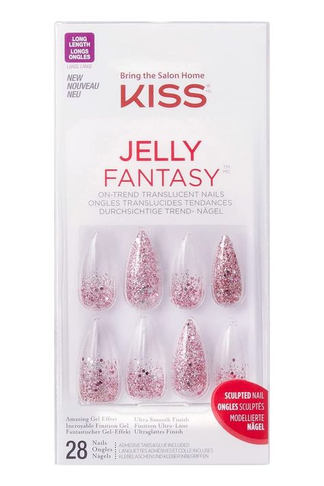 Kiss Jelly Fantasy (JELLY LIKE) Long Length Nails Glitter Clear Nails, Kiss Products, Glitter Accent Nails, Sculpted Nails, Pink Gel Nails, Kiss Nails, Fantasy Nails, Gel Glue, Jelly Nails