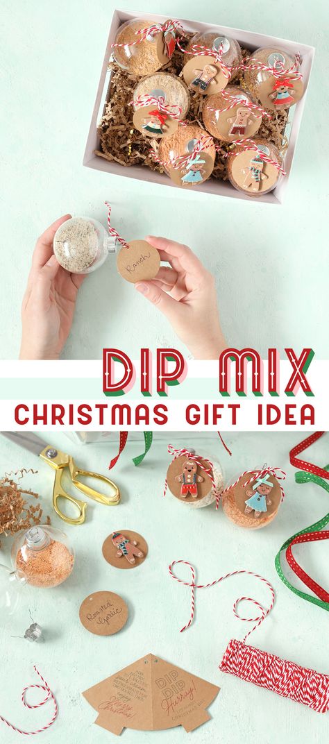 Creative Christmas gift idea. Fill clear ornaments with dip mix that you add to sour cream. It's creative and festive AND not sweet. Plus they can use it later in January. The tag says, "Dip Dip Hurray! It's Almost Christmas Day!" Free printable tag. Christmas gift ideas Fill Your Own Christmas Ornaments, Christmas Dip Mix Gifts, Diy Dip Mix Ornaments, Diy Dip Mixes Recipes Gifts, Dry Dip Mix Recipes For Gifts Sour Cream, Ornament Dip Mix Gifts, Dip Mixes In Ornaments, Homemade Dry Dip Mixes, Cookie Plate Gift Packaging Ideas