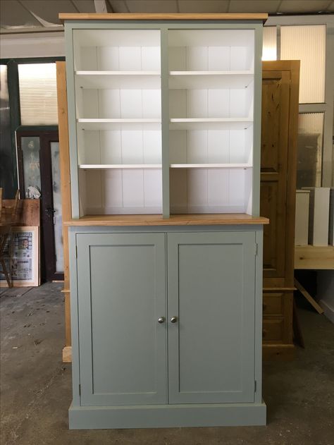 Large Cupboard Dresser with adjustable shelving. Painted in F&B Pigeon and All White with solid Oak tops. Cobwebs Furniture Company. French Dressers, Country Cabinets, Cupboard Kitchen, French Dresser, Solid Wood Kitchen, Free Standing Shelves, Kitchen Country, Kitchen Unit, Woodwork Projects