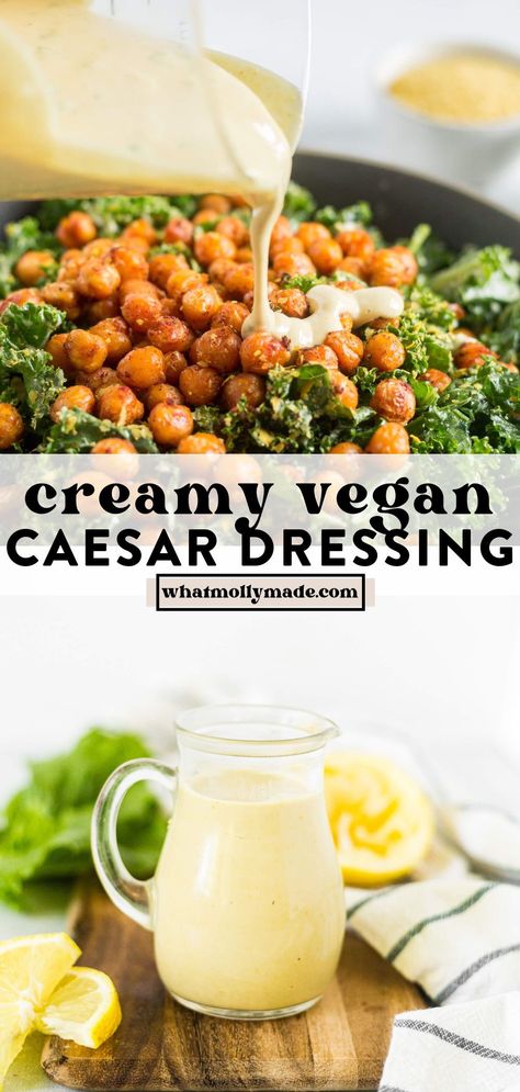 It only takes 5 minutes to make the best homemade vegan caesar dressing recipe. It's made with tahini, olive oil, and a vegan parmesan cheese option. The simple and easy to find ingredients transform into a creamy dressing for salads and more. Compare it to Trader Joe's vegan caesar! Oil Based Caesar Dressing, Dairy Free Ceaser Salad Dressing, Hclf Recipes, Easy Vegan Caesar Dressing, Vegan Ceasar Dressing, Roasted Cabbage Recipes, Low Calorie Salad Dressing, Dairy Free Salad Dressing, Vegan Salad Dressing Recipes