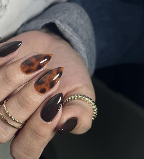 Fall Croc Nails, Fall Nails Pointy, Black Thanksgiving Nails, Fall Black Nails Ideas, Black October Nails, Almond Nail Inspo 2024, Fall Stellio Nails, Edgy Fall Nails, Tortoise Fall Nails