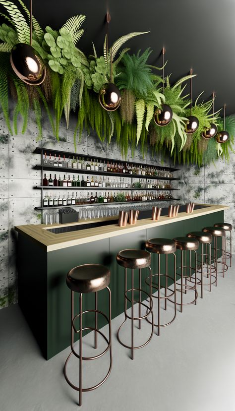 Sip in style at the intersection of nature and luxury. This sleek bar kitchen entwines modern design with lush greenery for the perfect urban oasis. #BotanicalBar #ModernDesign Modern Greenery, Sleek Bar, Urban Oasis, Bar Kitchen, Lush Greenery, Kitchen Bar, Sleek Design, In Style, Oasis