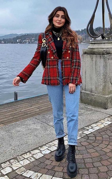 Jeans Winter, Winter Fashion Outfits Casual, Paris Outfits, Blazer Outfits, 가을 패션, Winter Fashion Outfits, Fall Winter Outfits, Outfits Casuales, Red Plaid