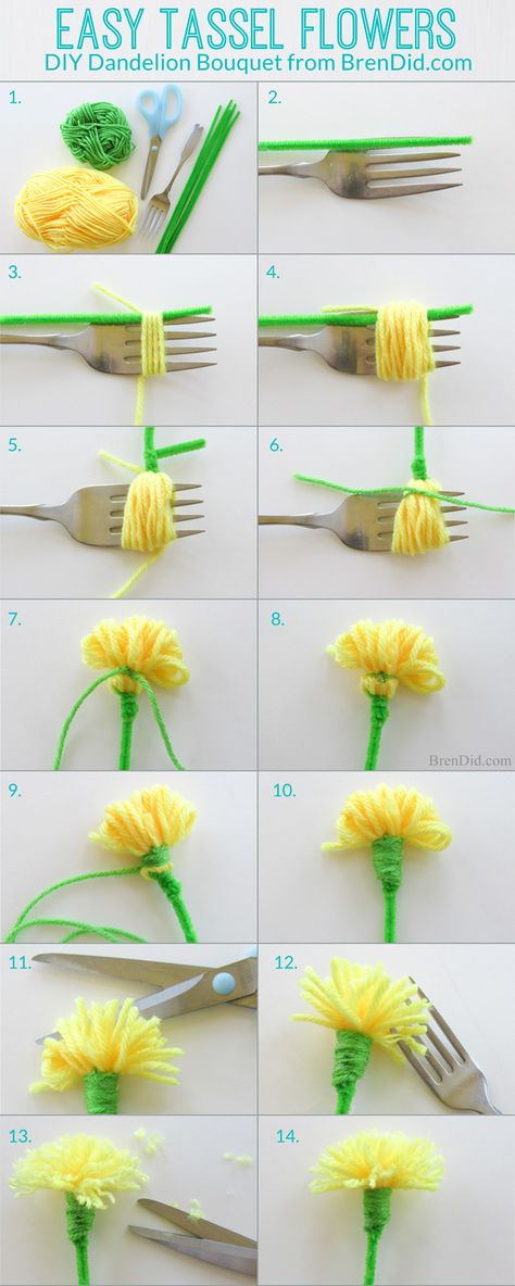 Easy Tassel Flowers: DIY Dandelion Bouquet | http://brendid.com/easy-tassel-flowers-diy-dandelion-bouquet/ Diy Dandelion, Kunst For Barn, Diy – Velikonoce, Kerajinan Diy, How To Make Tassels, Diy Flores, Fleurs Diy, Diy Bricolage, Diy Simple