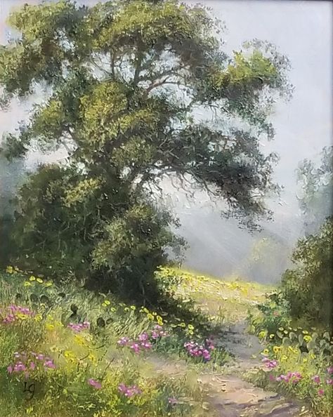 Spring Tree Art, Tree Painting Easy, Abstract Tree Painting, Wildflower Paintings, Watercolor Art Landscape, Good Art, Spring Meadow, Landscape Art Painting, Country Scenes