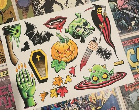 Vintage Halloween Tattoo Flash, Halloween Tattoo Flash, Halloween Flash, Halloween Tattoo, Horror Tattoo, Halloween Tattoos, Tattoo Flash, Flash Tattoo, Spooky Halloween