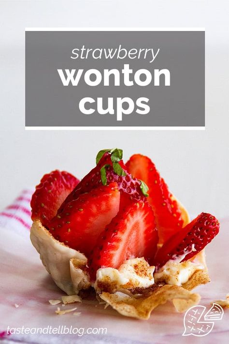 The perfect spring and summer sweet appetizer - these Strawberry Wonton Cups have sugared wonton cups that are baked and filled with a cream cheese mixture, then topped with fresh strawberries and mint. Great Dinner Ideas, Sweet Appetizer, Wonton Cups, Won Ton, Strawberry Cream Cheese, Wontons, Fresh Strawberries, Cooking Recipes Desserts, Yummy Foods