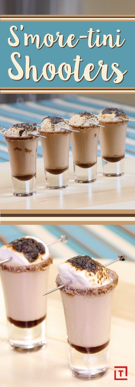 Bring out the fiery, smokey flavor of our favorite campfire treat with these chocolatey s'more-tini shooters. Chocolate liqueur and vodka are combined in a shot glass that's rimmed with chocolate syrup and dipped in crushed graham cracker, then topped off with a roasted marshmallow for a shot you actually want to take. Roasted Marshmallow, Shooter Recipes, Smores Dessert, Smores Cupcakes, Jello Shot, Chocolate Liqueur, Shot Recipes, Jello Shots, Vegetable Drinks