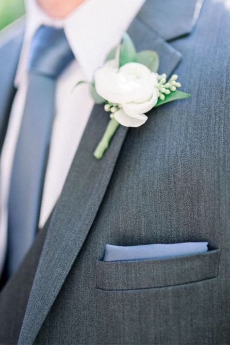 Dusty Blue And Charcoal Gray Wedding, Groomsmen Attire Dusty Blue, Dusty Blue Groomsmen Attire, Dusty Blue Boutonniere, Blue Groomsmen Attire, Blue Bridesmaid Gowns, Blue Wedding Ideas, Popular Wedding Themes, Blue Boutonniere