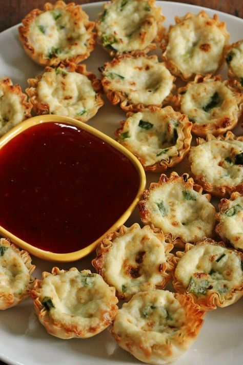 Crabmeat Appetizers, Crab Rangoon Cups, Tiny Bites, Hot Mustard, Family Favorite Recipes, Phyllo Cups, Creamy Crab, Dip Sauce, Crab Rangoon