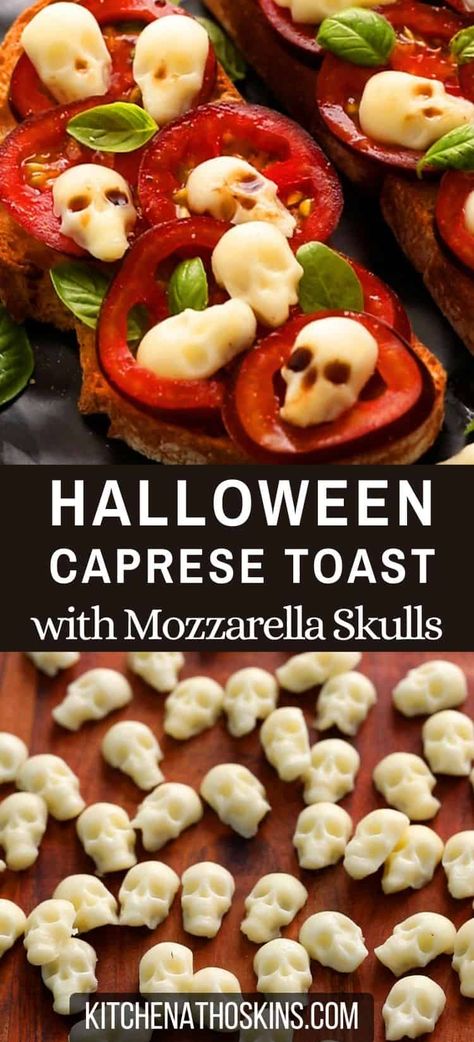 Learn how to make spooky Halloween toast recipe using cheese skulls easily made using a silicone mold. This easy Halloween food idea is ideal for a light lunch or made into bite size crostini for appetizers or snack. Get the Halloween caprese toast using kitchenathoskins.com. Silicone Skull Mold Recipes, Skull Mold Recipes, Halloween Caprese, Halloween Toast, Caprese Toast, Silicone Molds Recipes, Chicken Pesto Pasta Salad, Fun Halloween Desserts, Caprese Bites