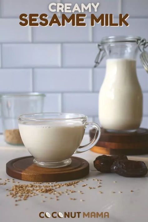 Homemade sesame milk is creamy and delicious and is a nutrient-rich plant-based beverage. Use this tasty milk in coffee, tea, or in place of milk in sweet bakes or ice cream. Milk In Coffee, Sesame Milk, Sweet Bakes, Mama Recipe, Sesame Seed, Milk Coffee, Milk Recipes, Oat Milk, Sesame Seeds