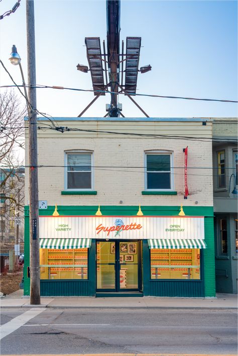 Toronto: Superette store opening – superfuture® Lime Green Walls, Deli Shop, Olive Oil Packaging, Italian Deli, Green Interior Design, Storefront Design, Street Corner, Cafe Shop Design, Cafe Shop