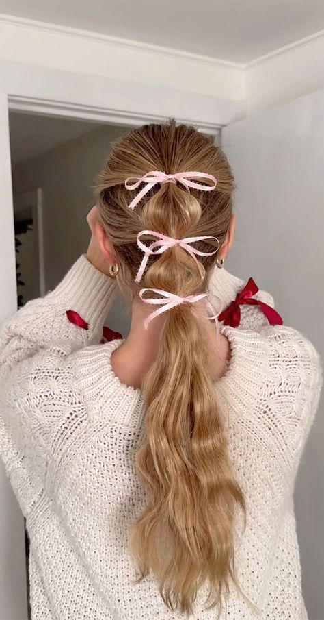 half up half down with bow, easy half up with bow, easy bun hairstyle with bow, bow hairstyles, bubble braid with bow, bun with bow cute hairstyle, coquette hairstyle, bubble ponytail with bow, everyday hairstyle, ponytail with bow Half Up With Bow, Ponytail With Bow, Braid With Bow, Hairstyle Bubble, Bun With Bow, Hairstyle With Bow, Coquette Hairstyle, Beach Waves For Short Hair, Bow Hairstyles