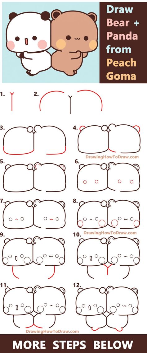 How to Draw Bear and Panda from Peach Goma (Kawaii) Easy Step by Step Drawing Tutorial - How to Draw Step by Step Drawing Tutorials Cute Cartoon Drawings Step By Step, Cute Panda Drawing Easy Step By Step, Easy Kawaii Drawings Step By Step, How To Draw Kawaii Step By Step, Kawaii Panda Drawing, Cute Romantic Drawings, How To Draw Kawaii, How To Draw Bear, Dessin Aestetic