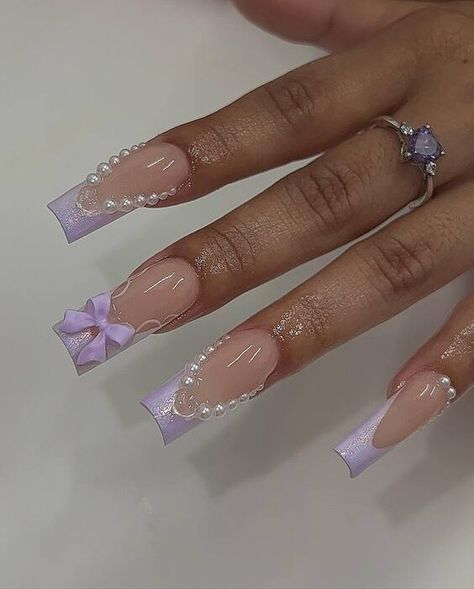 Nails Acrylic Flower, Bow Nail Designs, Fall Nails Acrylic, Quinceanera Nails, Bow Nails, Lilac Nails, Purple Acrylic Nails, Nails Summer Nails, Cute Coquette