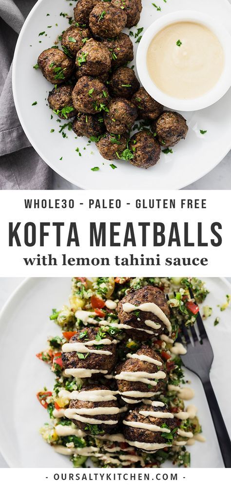 Lebanese beef kofta meatballs are a satisfying appetizer, snack or easy dinner recipe. Naturally paleo, Whole30, and gluten free, these middle eastern spiced spiced meatballs are pan seared then baked, and smothered with tangy lemon tahini sauce. These kid friendly, flavor packed meatballs are a delicious way to bring Lebanese flavor to your Whole30 meal plan! #whole30 #meatballs Whole30 Meatballs, Spiced Meatballs, Kofta Meatballs, Meatballs Beef, Beef Kofta, Whole30 Beef, Meatballs Recipes, Lemon Tahini Sauce, Whole 30 Meal Plan