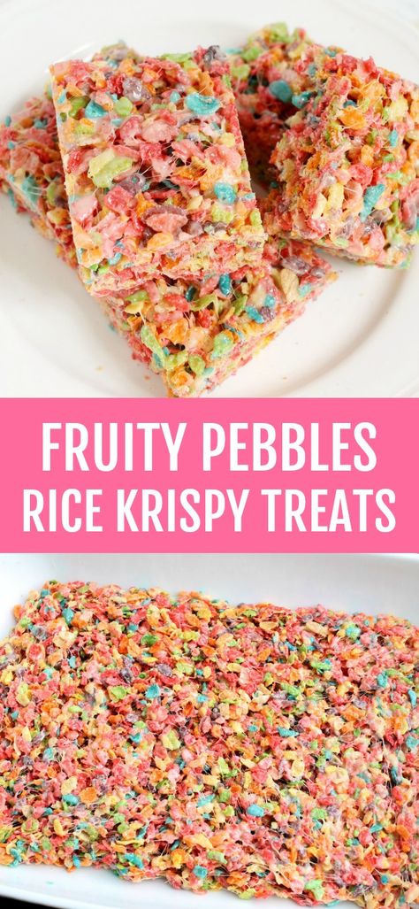 Fruity Pebbles Rice Krispies are an easy, no bake treat for kids! Only 3 ingredients! Fruity Pepples, Fruity Pebbles Treats, Fruity Pebble, Fruity Pebbles Cereal, Krispie Treats Recipe, Marshmallow Treats, School Snack, Rice Crispy Treats, Fruity Pebbles