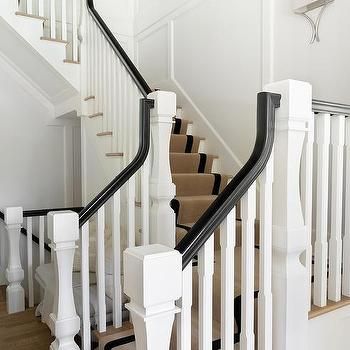 Black Handrail, Light Stained Wood, Black Staircase, White Staircase, Wood Handrail, Black Floor Tiles, Handrail Design, White Molding, Staircase Handrail