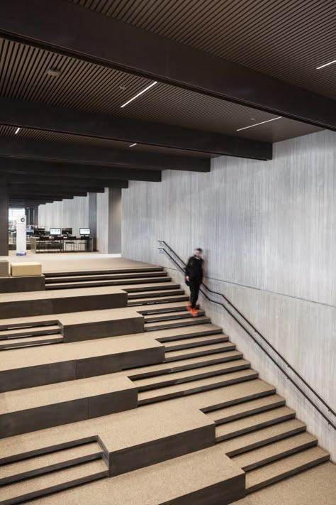 Coussée & Goris Architecten, RCR arquitectes, Tim Van de Velde · De Krook-City Library Ghent Library Stairs, Landscape Stairs, Library Architecture, Stairs Architecture, City Library, Stair Handrail, Stair Steps, Interior Stairs, Library Design