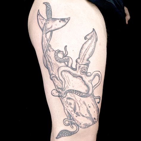 Whale and Squid Tattoo by Allegory Arts (Ulyss Blair & Eva Huber) Illustrative Blackwork, Skateboard Artwork, Squid Tattoo, Ocean Tattoo, Giant Squid, Blackwork Tattoos, Ocean Tattoos, Ink Master, Princess Mononoke